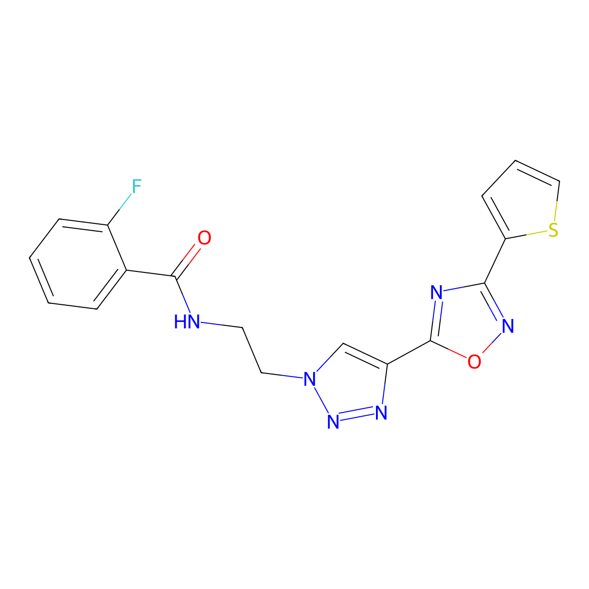 2-fluoro-N-(2-(4-(3-(thiophen-2-yl)-1,2,4-oxadiazol-5-yl)-1H-1,2,3-triazol-1-yl)ethyl)benzamide molecular structure, CAS 2034445-73-1