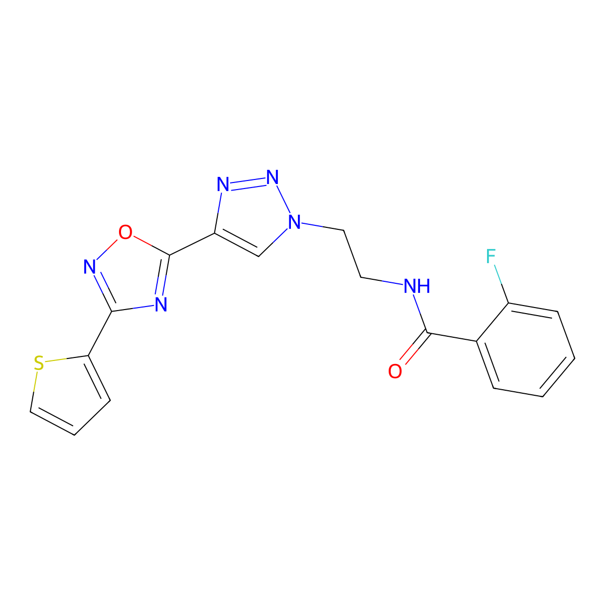 2-fluoro-N-(2-(4-(3-(thiophen-2-yl)-1,2,4-oxadiazol-5-yl)-1H-1,2,3-triazol-1-yl)ethyl)benzamide molecular structure, CAS 2034445-73-1