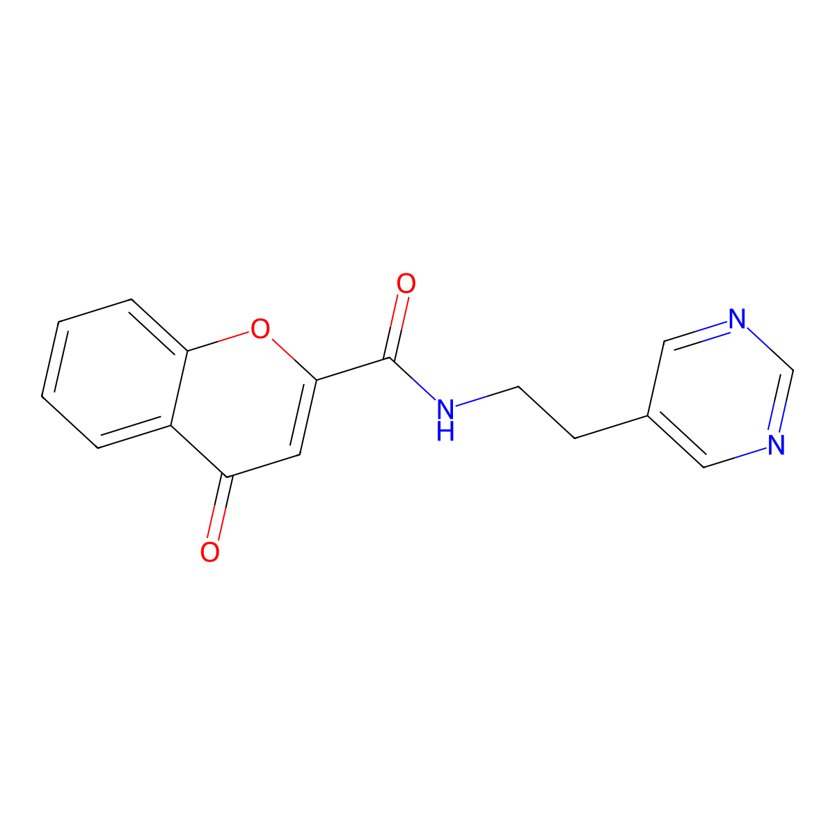 4-oxo-N-(2-(pyrimidin-5-yl)ethyl)-4H-chromene-2-carboxamide molecular structure, CAS 2034445-76-4
