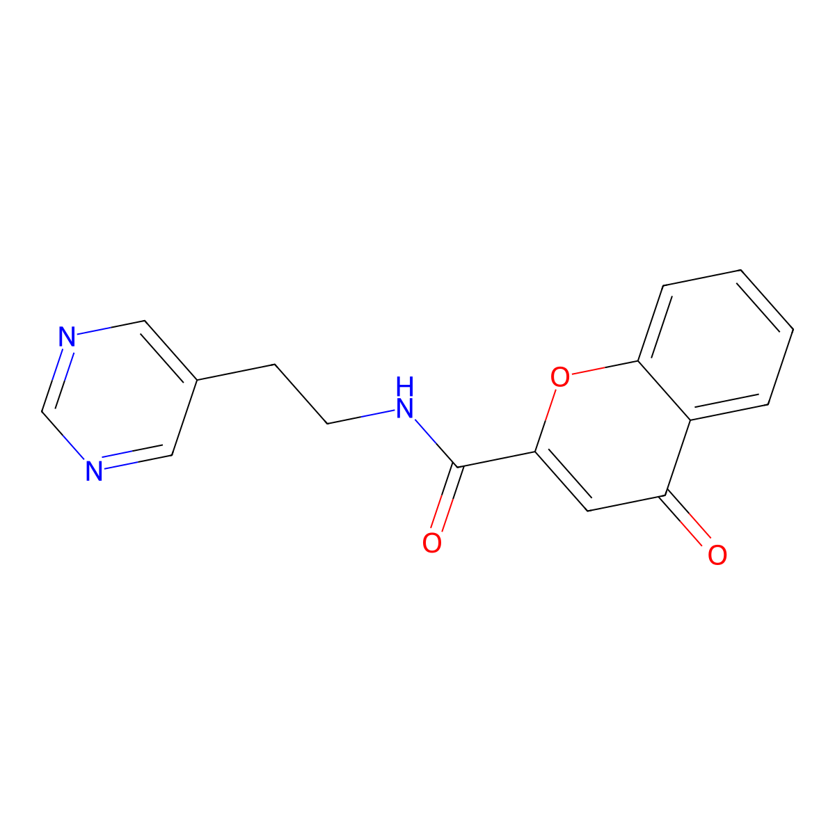 4-oxo-N-(2-(pyrimidin-5-yl)ethyl)-4H-chromene-2-carboxamide molecular structure, CAS 2034445-76-4
