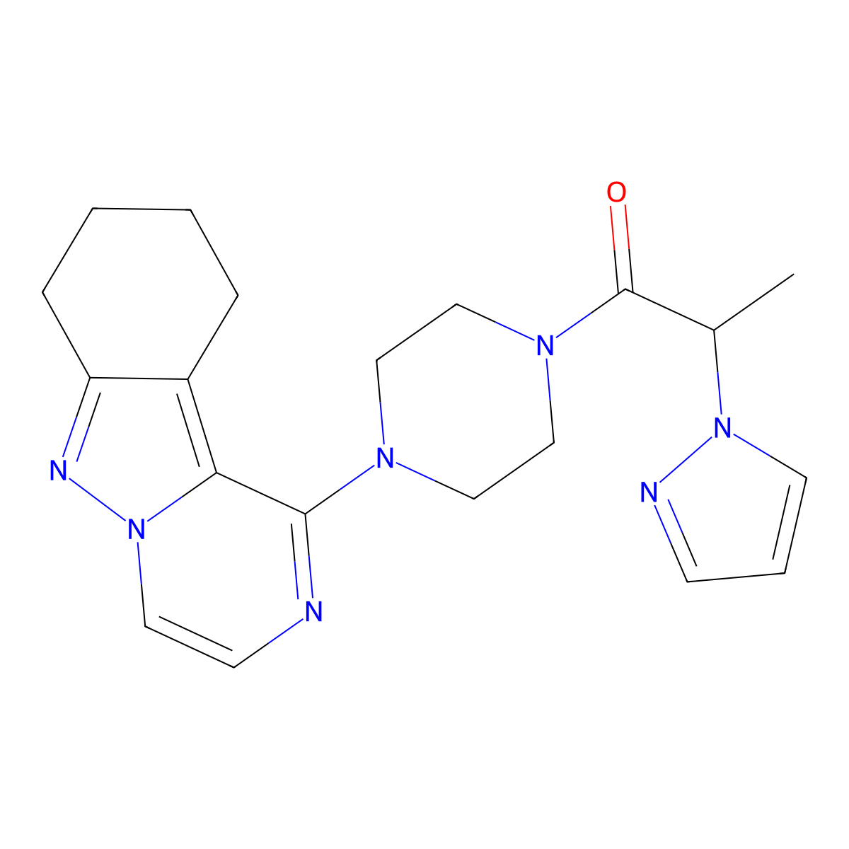 2-(1H-pyrazol-1-yl)-1-(4-(7,8,9,10-tetrahydropyrazino[1,2-b]indazol-1-yl)piperazin-1-yl)propan-1-one molecular structure, CAS 2034445-81-1