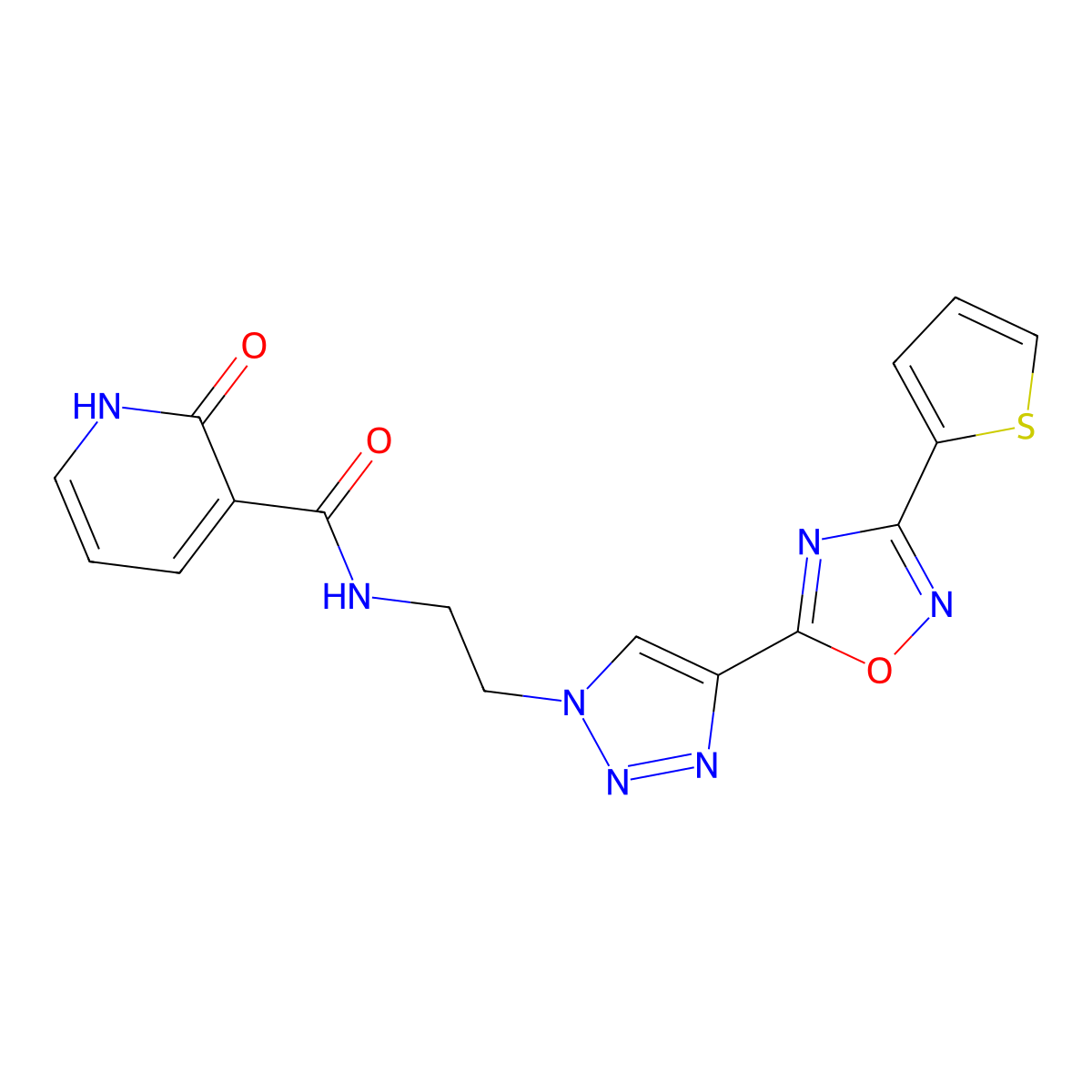 2-hydroxy-N-(2-(4-(3-(thiophen-2-yl)-1,2,4-oxadiazol-5-yl)-1H-1,2,3-triazol-1-yl)ethyl)nicotinamide molecular structure, CAS 2034445-83-3