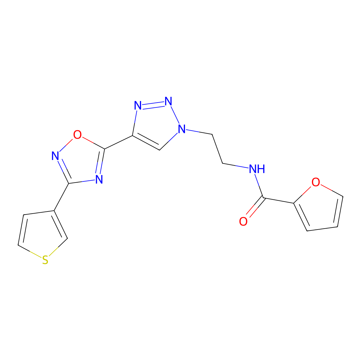N-(2-(4-(3-(thiophen-3-yl)-1,2,4-oxadiazol-5-yl)-1H-1,2,3-triazol-1-yl)ethyl)furan-2-carboxamide molecular structure, CAS 2034446-02-9