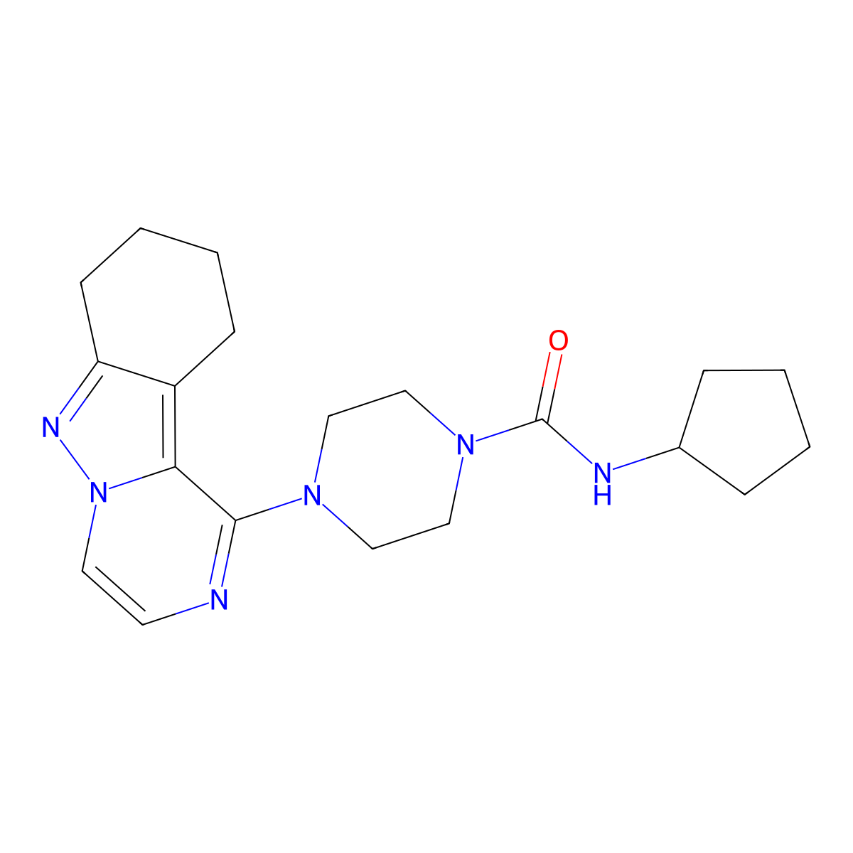 N-cyclopentyl-4-(7,8,9,10-tetrahydropyrazino[1,2-b]indazol-1-yl)piperazine-1-carboxamide molecular structure, CAS 2034446-09-6