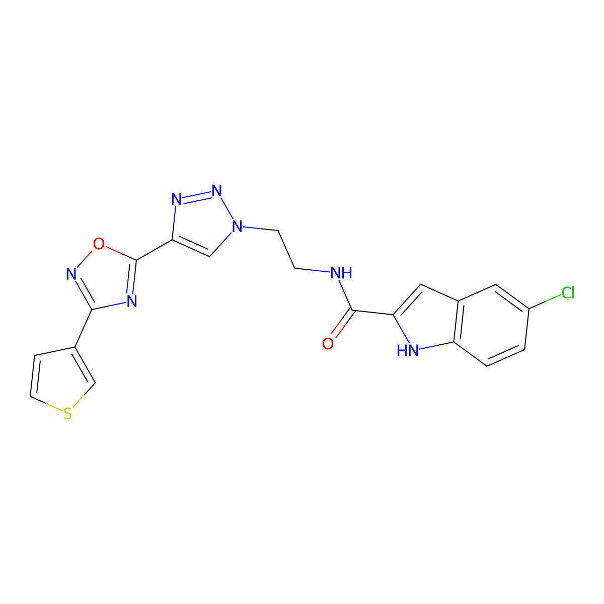 5-chloro-N-(2-(4-(3-(thiophen-3-yl)-1,2,4-oxadiazol-5-yl)-1H-1,2,3-triazol-1-yl)ethyl)-1H-indole-2-carboxamide molecular structure, CAS 2034446-10-9