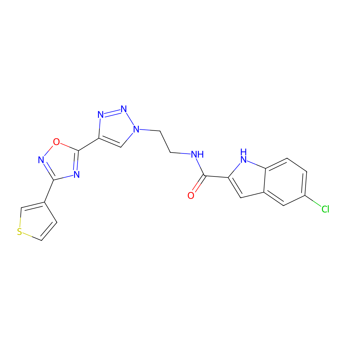 5-chloro-N-(2-(4-(3-(thiophen-3-yl)-1,2,4-oxadiazol-5-yl)-1H-1,2,3-triazol-1-yl)ethyl)-1H-indole-2-carboxamide molecular structure, CAS 2034446-10-9