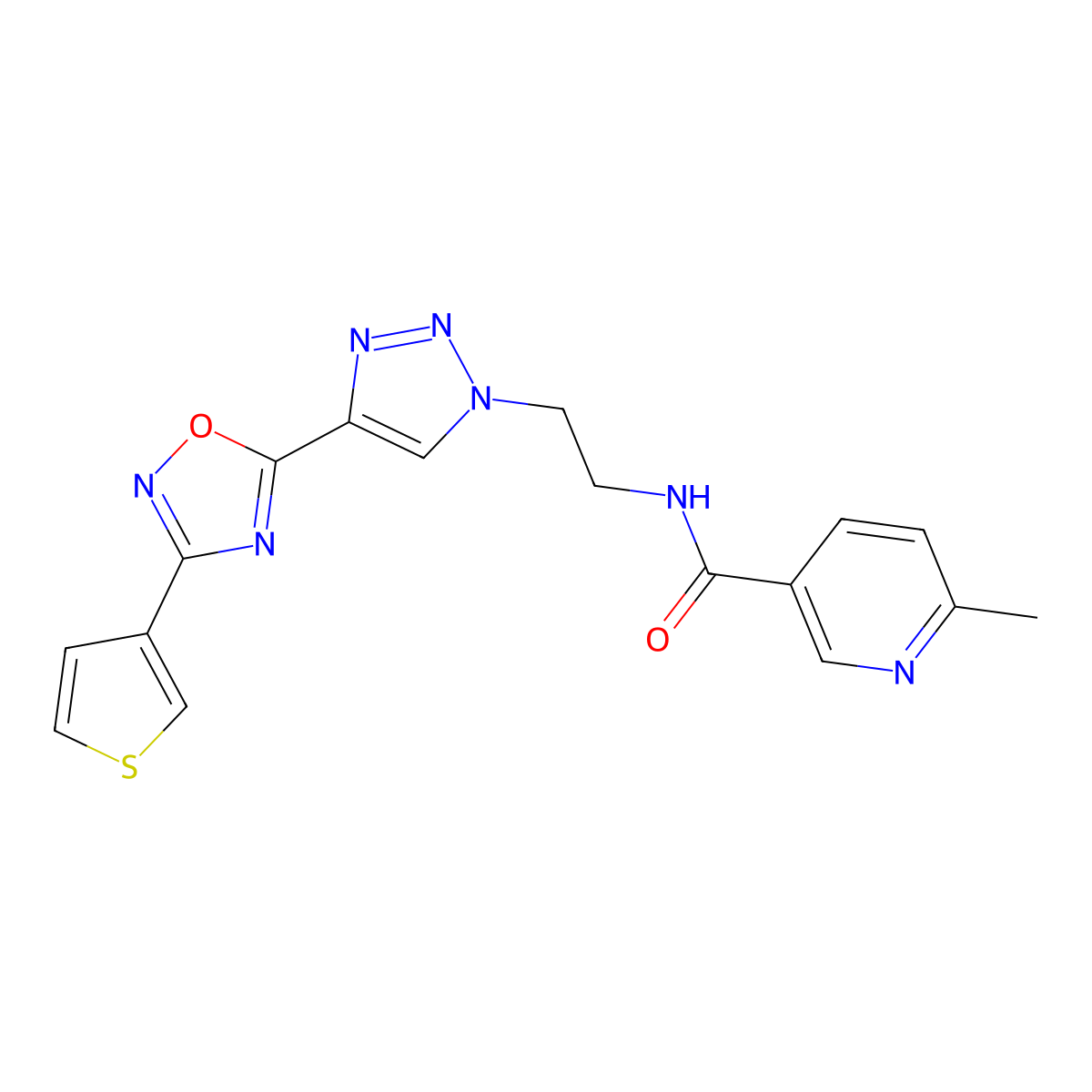 6-methyl-N-(2-(4-(3-(thiophen-3-yl)-1,2,4-oxadiazol-5-yl)-1H-1,2,3-triazol-1-yl)ethyl)nicotinamide molecular structure, CAS 2034446-18-7