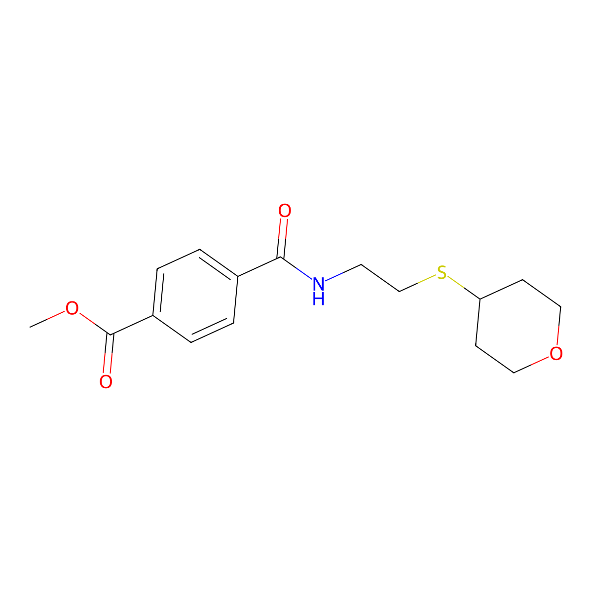 methyl 4-((2-((tetrahydro-2H-pyran-4-yl)thio)ethyl)carbamoyl)benzoate molecular structure, CAS 2034446-22-3