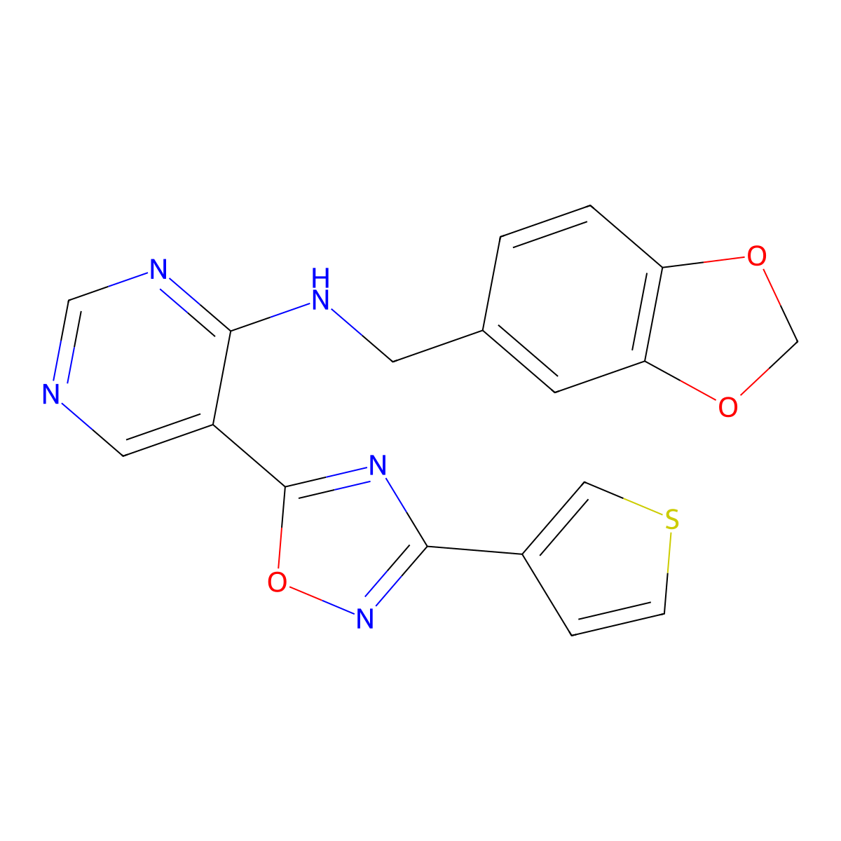 N-(benzo[d][1,3]dioxol-5-ylmethyl)-5-(3-(thiophen-3-yl)-1,2,4-oxadiazol-5-yl)pyrimidin-4-amine molecular structure, CAS 2034446-25-6