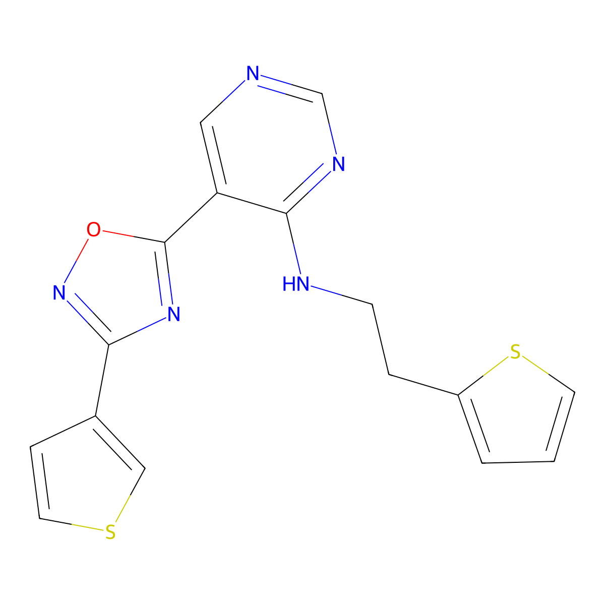N-(2-(thiophen-2-yl)ethyl)-5-(3-(thiophen-3-yl)-1,2,4-oxadiazol-5-yl)pyrimidin-4-amine molecular structure, CAS 2034446-30-3