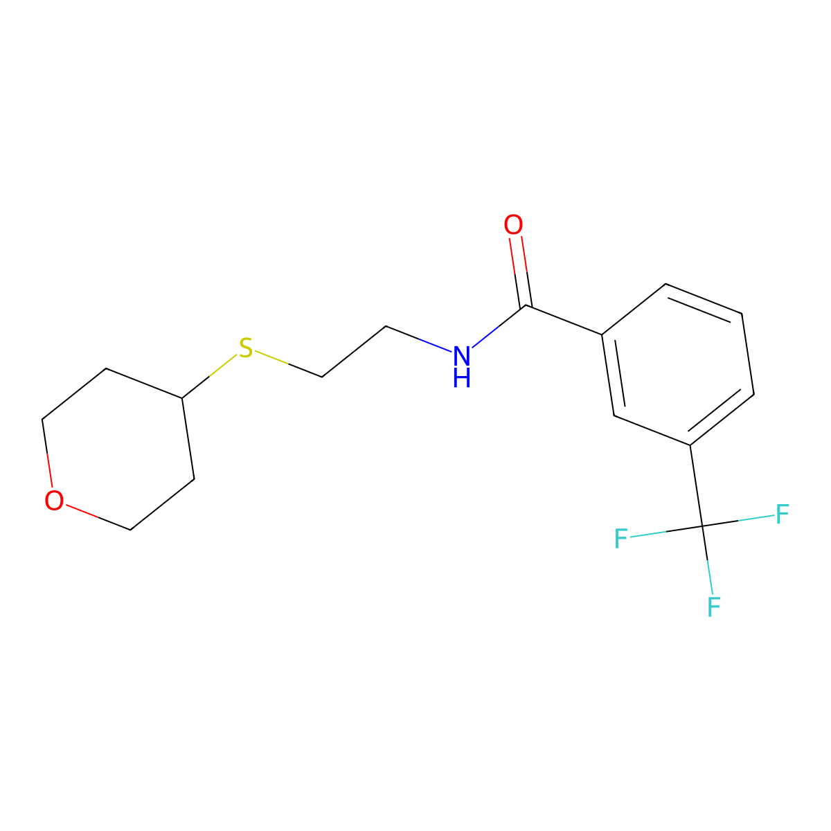 N-[2-(oxan-4-ylsulfanyl)ethyl]-3-(trifluoromethyl)benzamide molecular structure, CAS 2034446-33-6