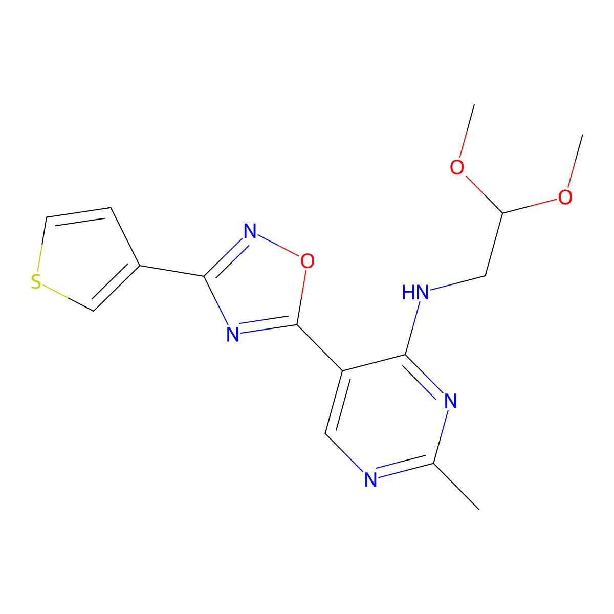 N-(2,2-dimethoxyethyl)-2-methyl-5-(3-(thiophen-3-yl)-1,2,4-oxadiazol-5-yl)pyrimidin-4-amine molecular structure, CAS 2034446-39-2