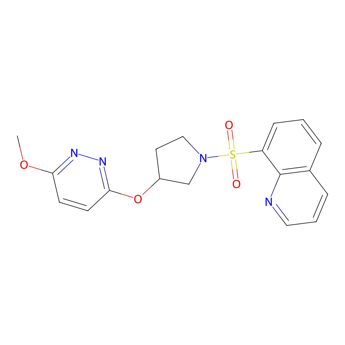 8-({3-[(6-Methoxypyridazin-3-yl)oxy]pyrrolidin-1-yl}sulfonyl)quinoline molecular structure, CAS 2034446-44-9
