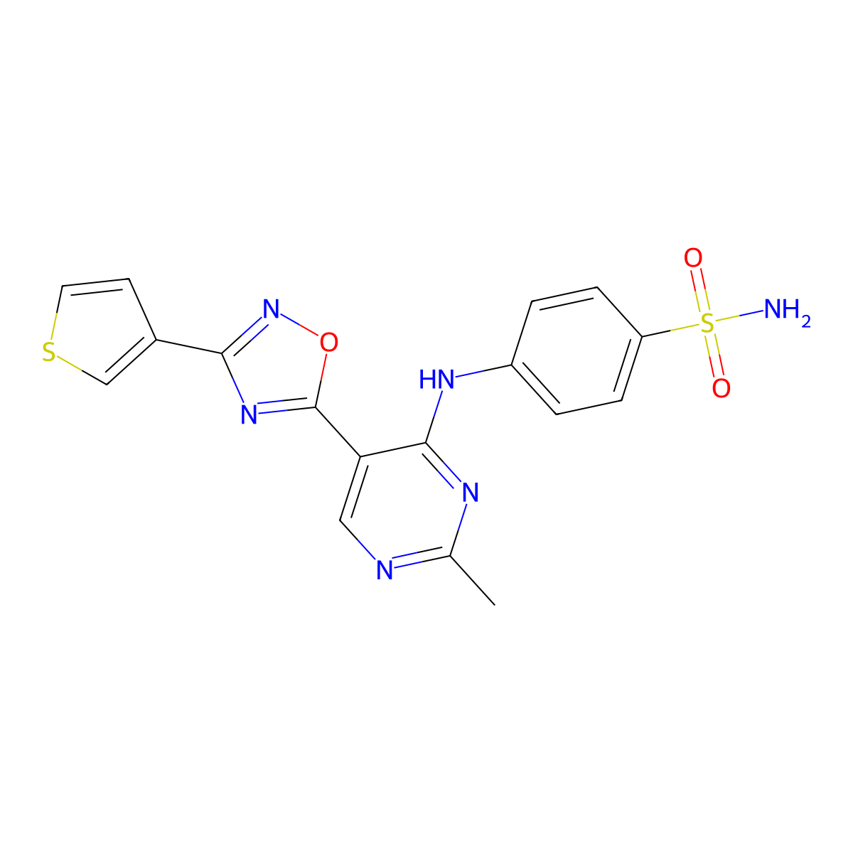 4-((2-Methyl-5-(3-(thiophen-3-yl)-1,2,4-oxadiazol-5-yl)pyrimidin-4-yl)amino)benzenesulfonamide molecular structure, CAS 2034446-48-3