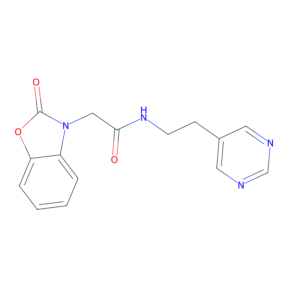 2-(2-oxobenzo[d]oxazol-3(2H)-yl)-N-(2-(pyrimidin-5-yl)ethyl)acetamide molecular structure, CAS 2034446-49-4