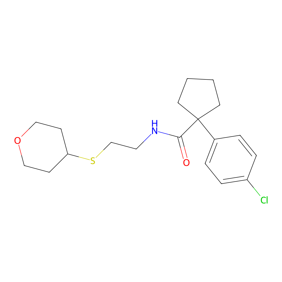 1-(4-chlorophenyl)-N-(2-((tetrahydro-2H-pyran-4-yl)thio)ethyl)cyclopentanecarboxamide molecular structure, CAS 2034446-53-0