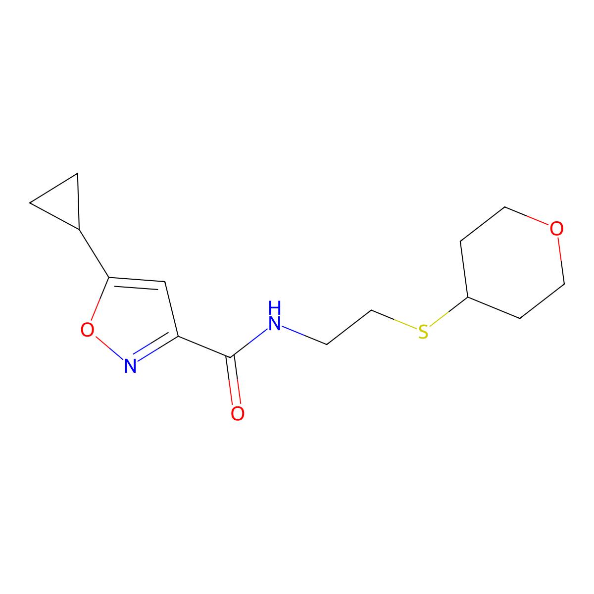 5-cyclopropyl-N-(2-((tetrahydro-2H-pyran-4-yl)thio)ethyl)isoxazole-3-carboxamide molecular structure, CAS 2034446-64-3