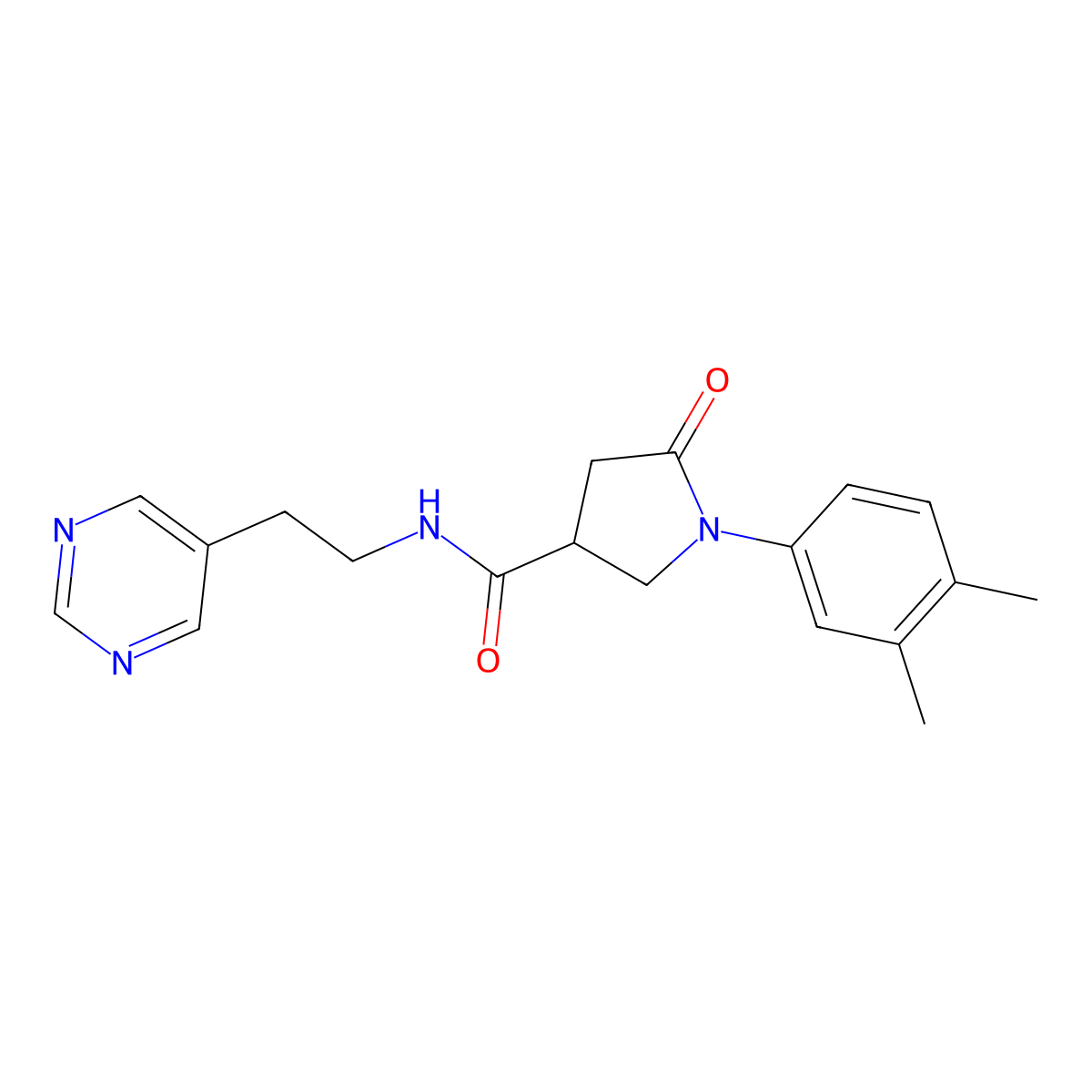 1-(3,4-dimethylphenyl)-5-oxo-N-(2-(pyrimidin-5-yl)ethyl)pyrrolidine-3-carboxamide molecular structure, CAS 2034446-65-4