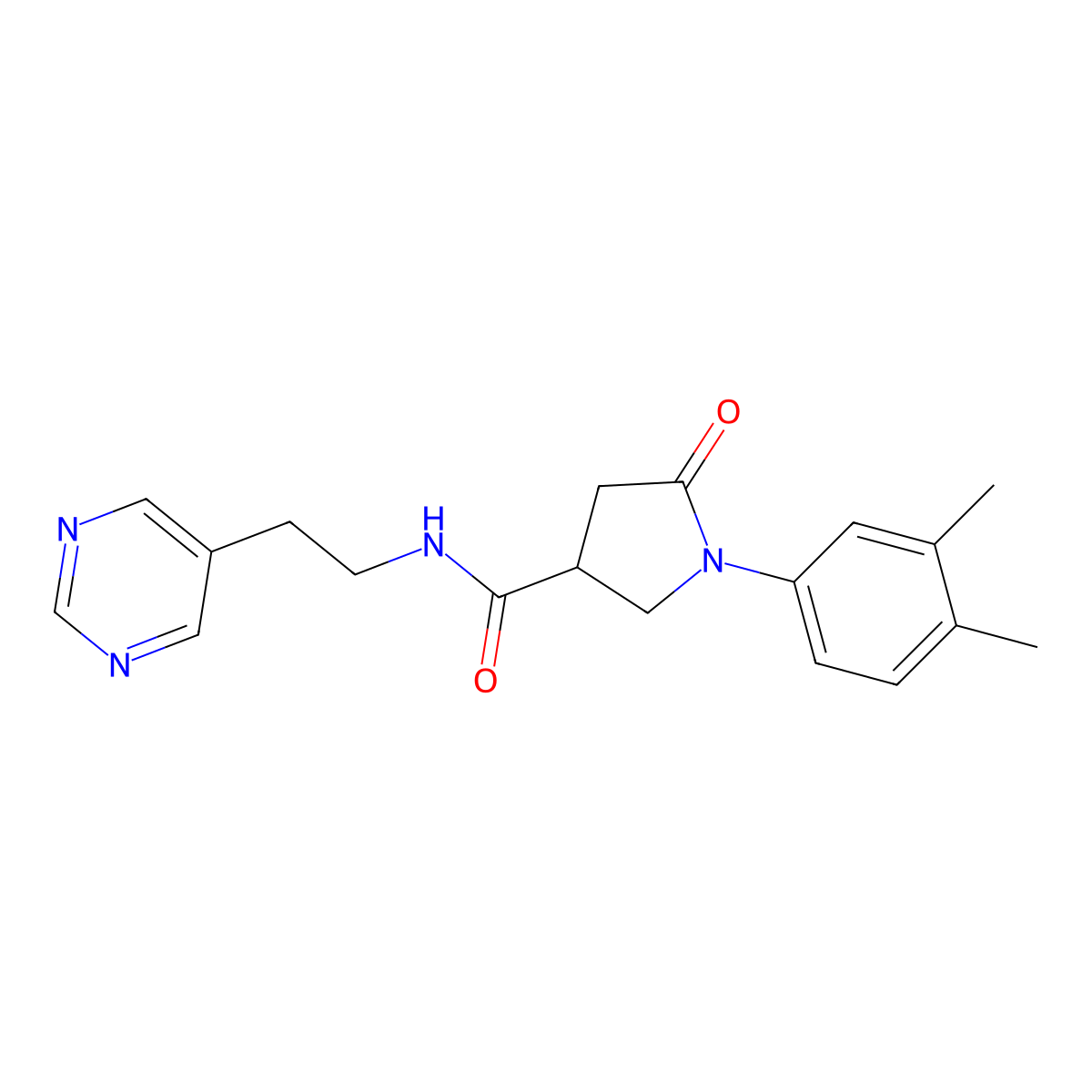 1-(3,4-dimethylphenyl)-5-oxo-N-(2-(pyrimidin-5-yl)ethyl)pyrrolidine-3-carboxamide molecular structure, CAS 2034446-65-4