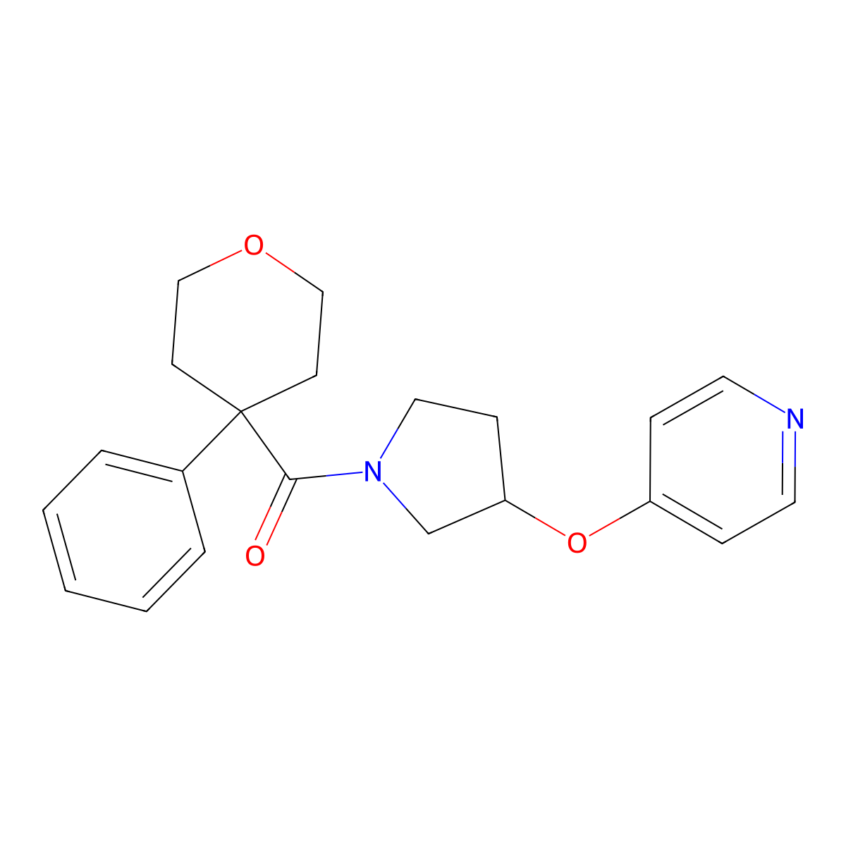 (4-phenyltetrahydro-2H-pyran-4-yl)(3-(pyridin-4-yloxy)pyrrolidin-1-yl)methanone molecular structure, CAS 2034446-67-6