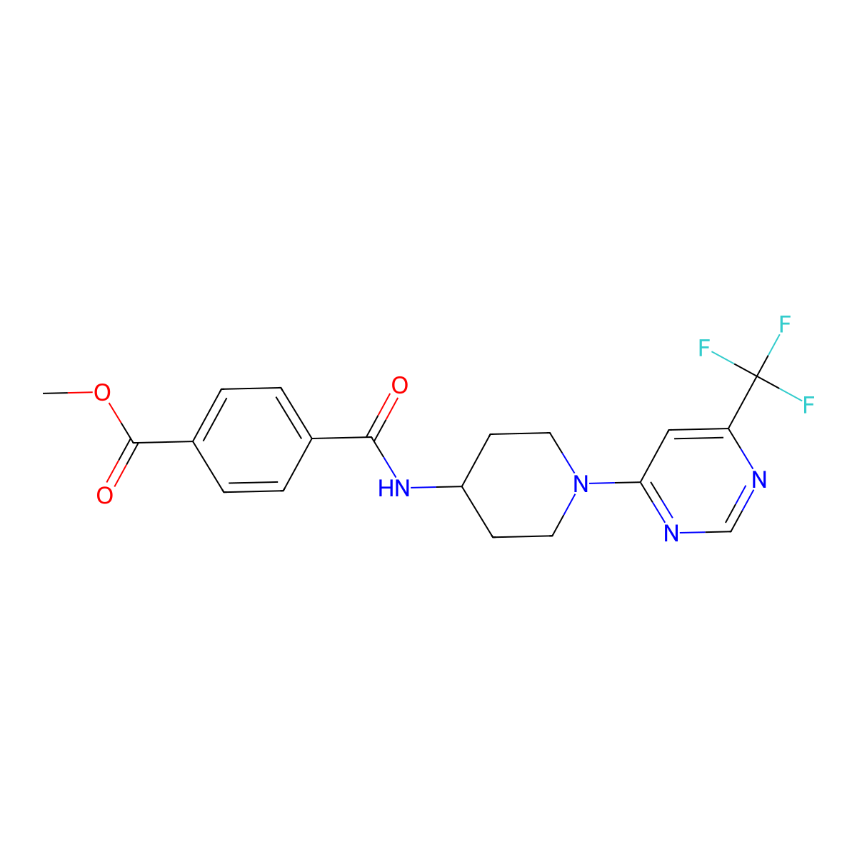 Methyl 4-({1-[6-(trifluoromethyl)pyrimidin-4-yl]piperidin-4-yl}carbamoyl)benzoate molecular structure, CAS 2034446-74-5