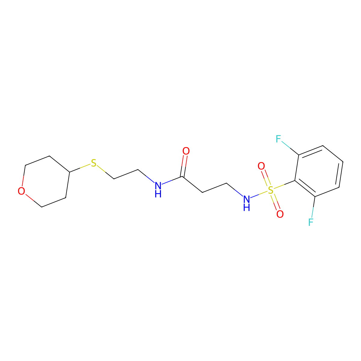 3-(2,6-difluorobenzenesulfonamido)-N-[2-(oxan-4-ylsulfanyl)ethyl]propanamide molecular structure, CAS 2034446-75-6