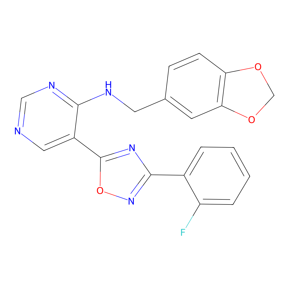 N-(benzo[d][1,3]dioxol-5-ylmethyl)-5-(3-(2-fluorophenyl)-1,2,4-oxadiazol-5-yl)pyrimidin-4-amine molecular structure, CAS 2034446-76-7