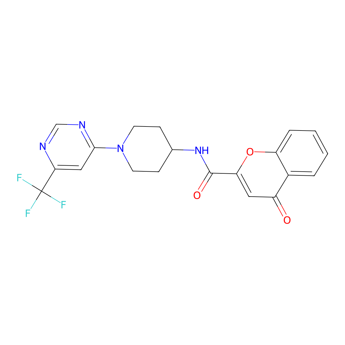 4-oxo-N-(1-(6-(trifluoromethyl)pyrimidin-4-yl)piperidin-4-yl)-4H-chromene-2-carboxamide molecular structure, CAS 2034446-86-9