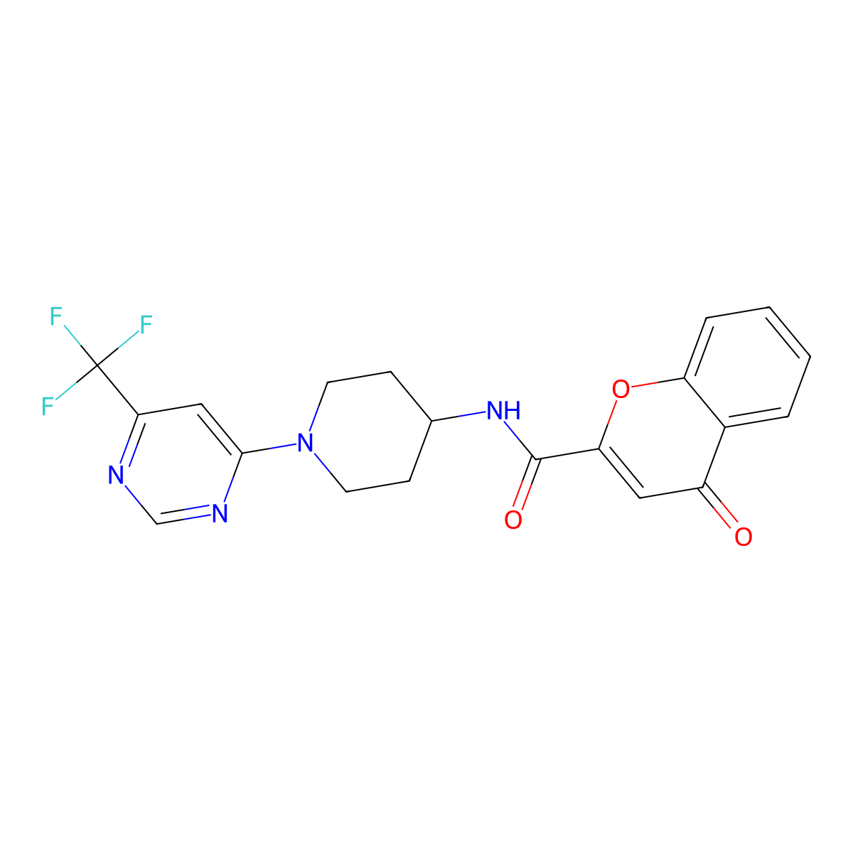 4-oxo-N-(1-(6-(trifluoromethyl)pyrimidin-4-yl)piperidin-4-yl)-4H-chromene-2-carboxamide molecular structure, CAS 2034446-86-9