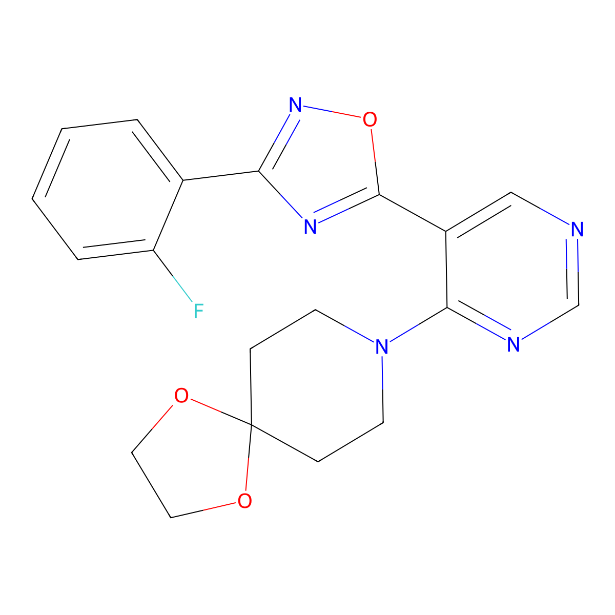 8-(5-(3-(2-Fluorophenyl)-1,2,4-oxadiazol-5-yl)pyrimidin-4-yl)-1,4-dioxa-8-azaspiro[4.5]decane molecular structure, CAS 2034446-87-0