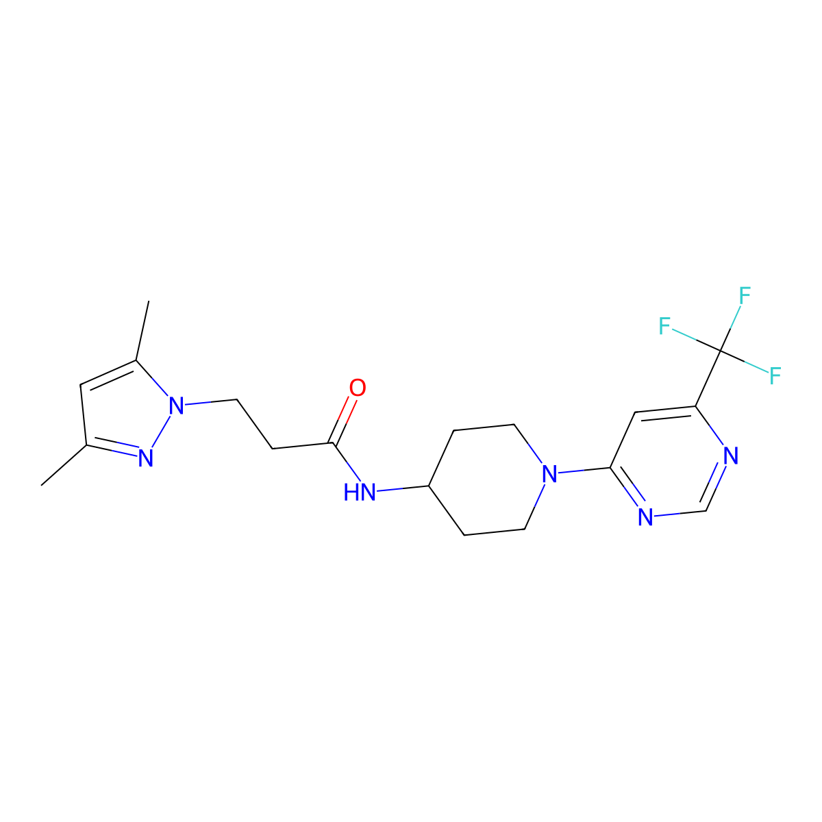 3-(3,5-dimethyl-1H-pyrazol-1-yl)-N-{1-[6-(trifluoromethyl)pyrimidin-4-yl]piperidin-4-yl}propanamide molecular structure, CAS 2034446-93-8