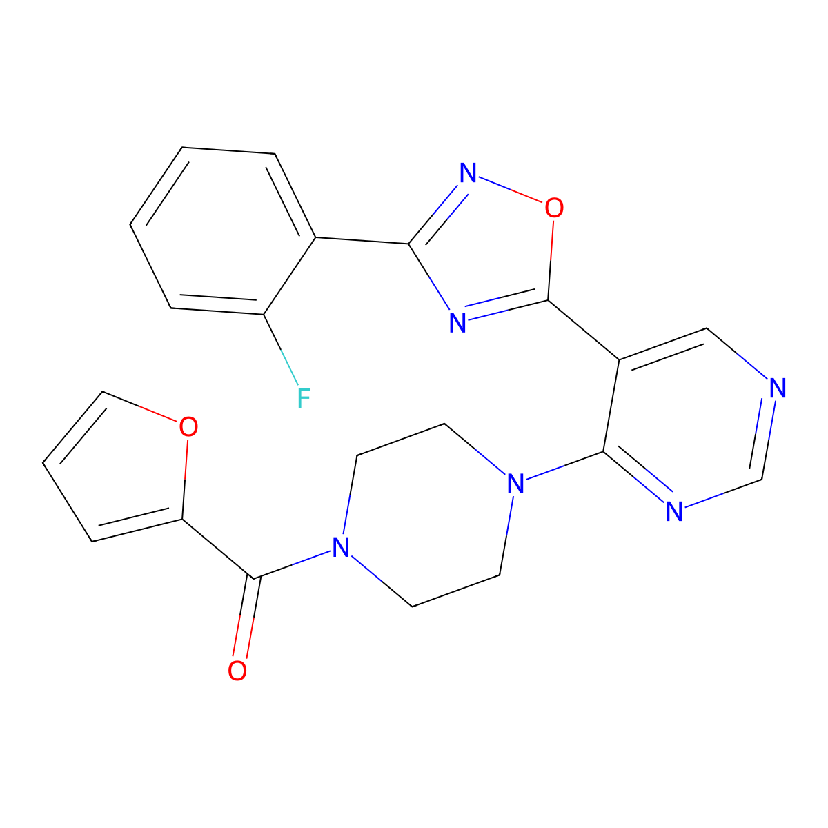 (4-(5-(3-(2-Fluorophenyl)-1,2,4-oxadiazol-5-yl)pyrimidin-4-yl)piperazin-1-yl)(furan-2-yl)methanone molecular structure, CAS 2034446-95-0