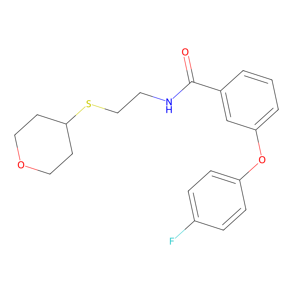 3-(4-fluorophenoxy)-N-(2-((tetrahydro-2H-pyran-4-yl)thio)ethyl)benzamide molecular structure, CAS 2034447-00-0