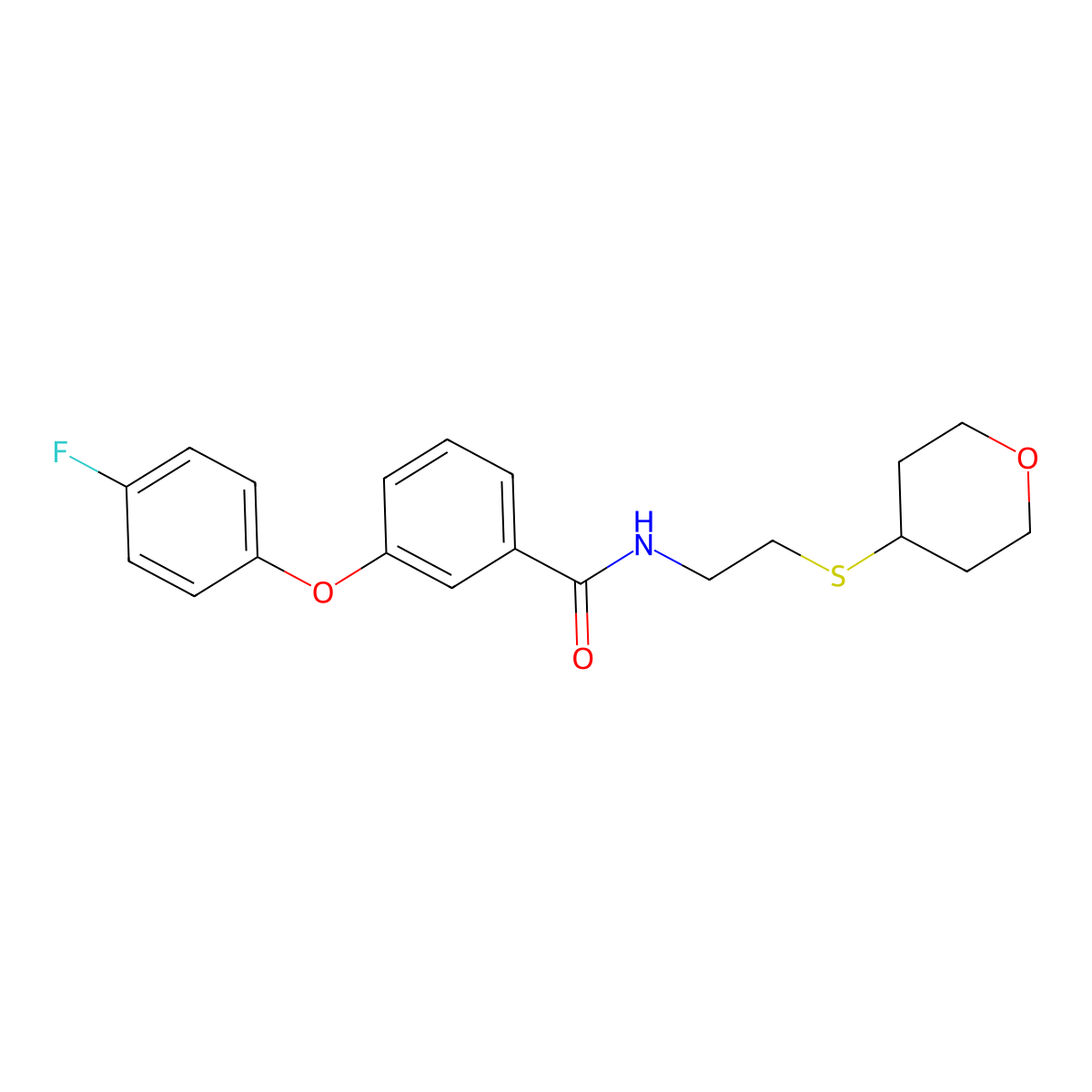3-(4-fluorophenoxy)-N-(2-((tetrahydro-2H-pyran-4-yl)thio)ethyl)benzamide molecular structure, CAS 2034447-00-0