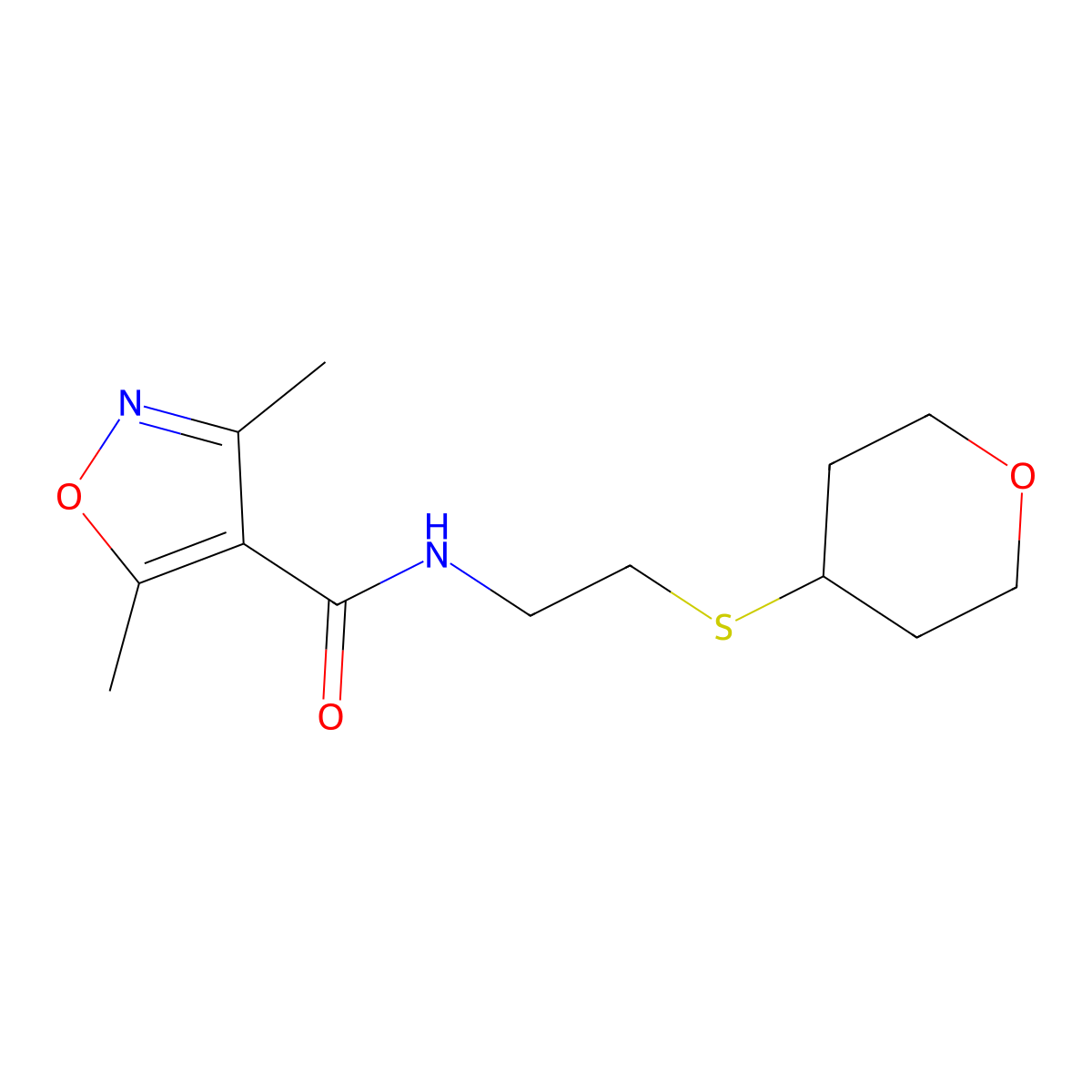 3,5-dimethyl-N-(2-((tetrahydro-2H-pyran-4-yl)thio)ethyl)isoxazole-4-carboxamide molecular structure, CAS 2034447-15-7