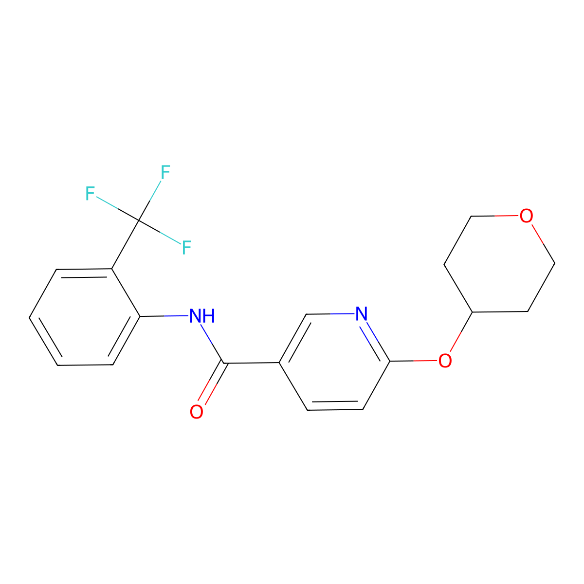 6-((tetrahydro-2H-pyran-4-yl)oxy)-N-(2-(trifluoromethyl)phenyl)nicotinamide molecular structure, CAS 2034447-18-0