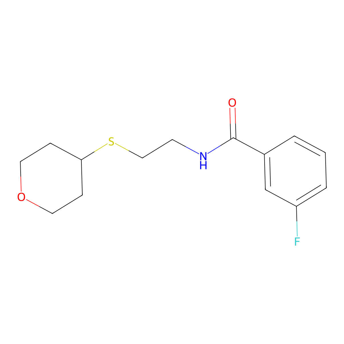 3-fluoro-N-(2-((tetrahydro-2H-pyran-4-yl)thio)ethyl)benzamide molecular structure, CAS 2034447-27-1