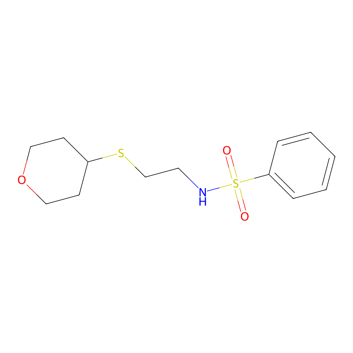 N-(2-((tetrahydro-2H-pyran-4-yl)thio)ethyl)benzenesulfonamide molecular structure, CAS 2034447-49-7