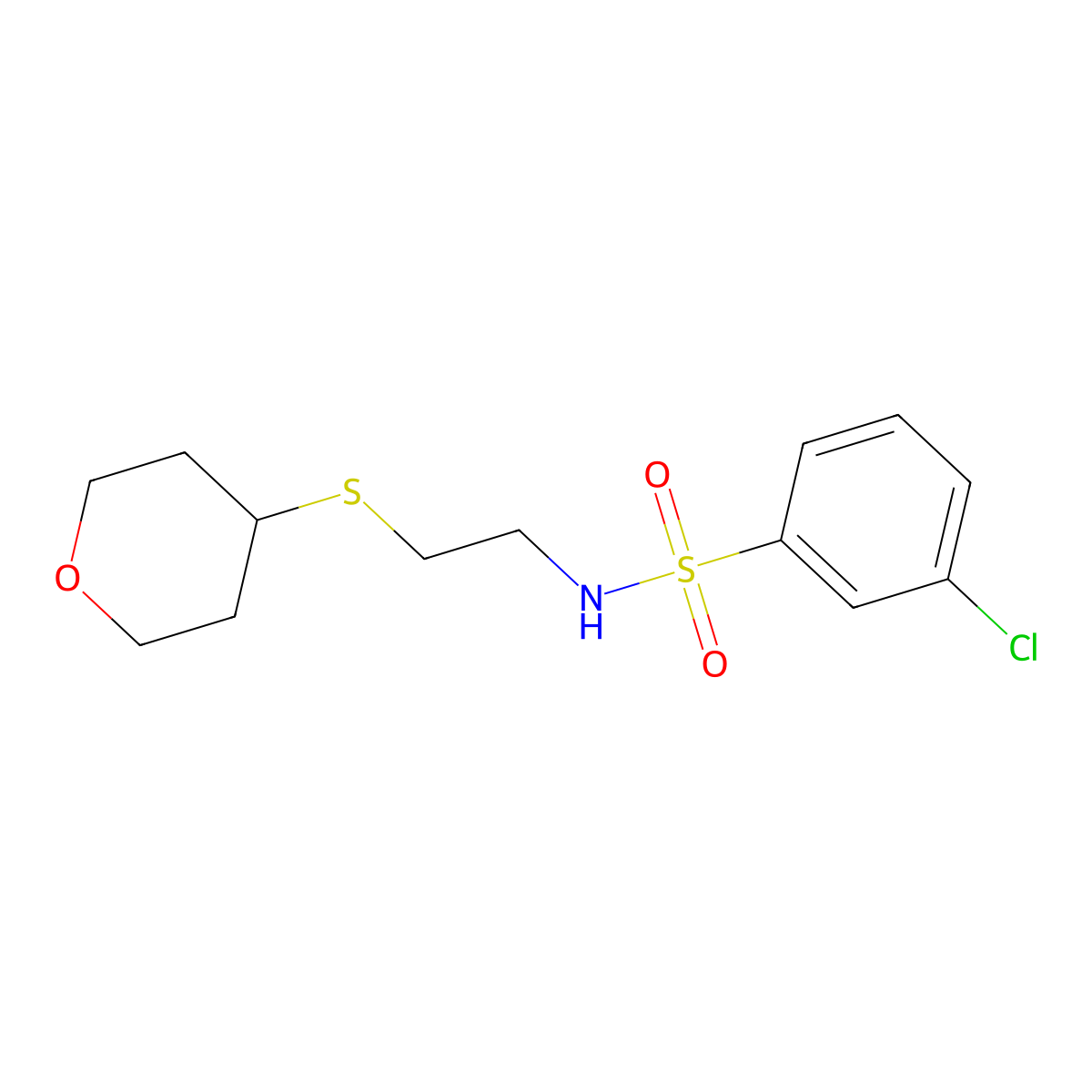 3-chloro-N-(2-((tetrahydro-2H-pyran-4-yl)thio)ethyl)benzenesulfonamide molecular structure, CAS 2034447-58-8