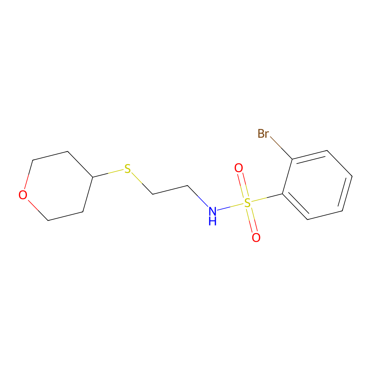 2-bromo-N-(2-((tetrahydro-2H-pyran-4-yl)thio)ethyl)benzenesulfonamide molecular structure, CAS 2034447-64-6
