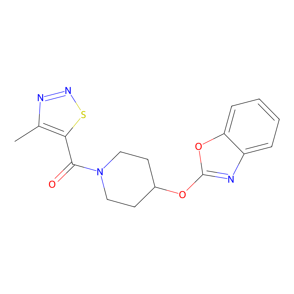 (4-(Benzo[d]oxazol-2-yloxy)piperidin-1-yl)(4-methyl-1,2,3-thiadiazol-5-yl)methanone molecular structure, CAS 2034447-79-3