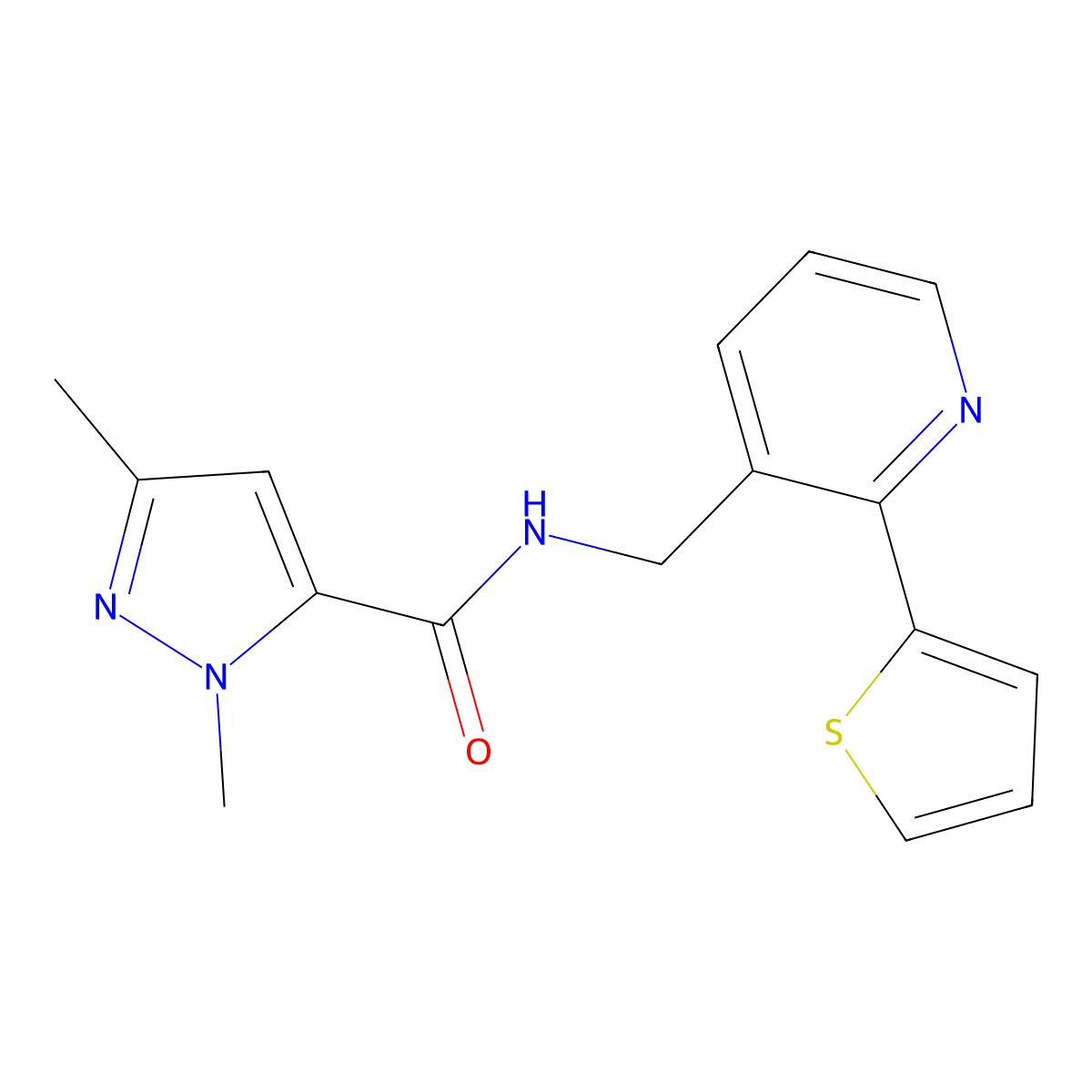 1,3-dimethyl-N-{[2-(thiophen-2-yl)pyridin-3-yl]methyl}-1H-pyrazole-5-carboxamide molecular structure, CAS 2034447-95-3