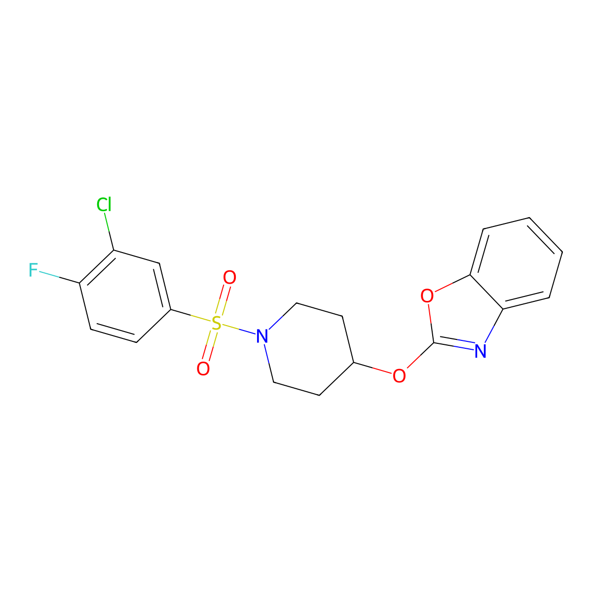 2-((1-((3-Chloro-4-fluorophenyl)sulfonyl)piperidin-4-yl)oxy)benzo[d]oxazole molecular structure, CAS 2034448-01-4