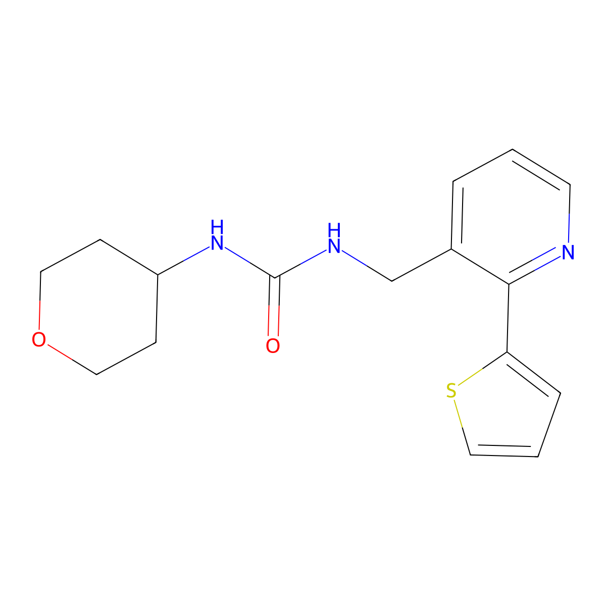1-(tetrahydro-2H-pyran-4-yl)-3-((2-(thiophen-2-yl)pyridin-3-yl)methyl)urea molecular structure, CAS 2034448-18-3