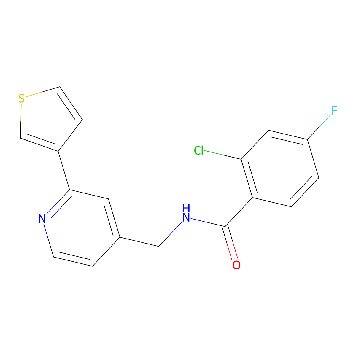 2-chloro-4-fluoro-N-((2-(thiophen-3-yl)pyridin-4-yl)methyl)benzamide molecular structure, CAS 2034448-27-4