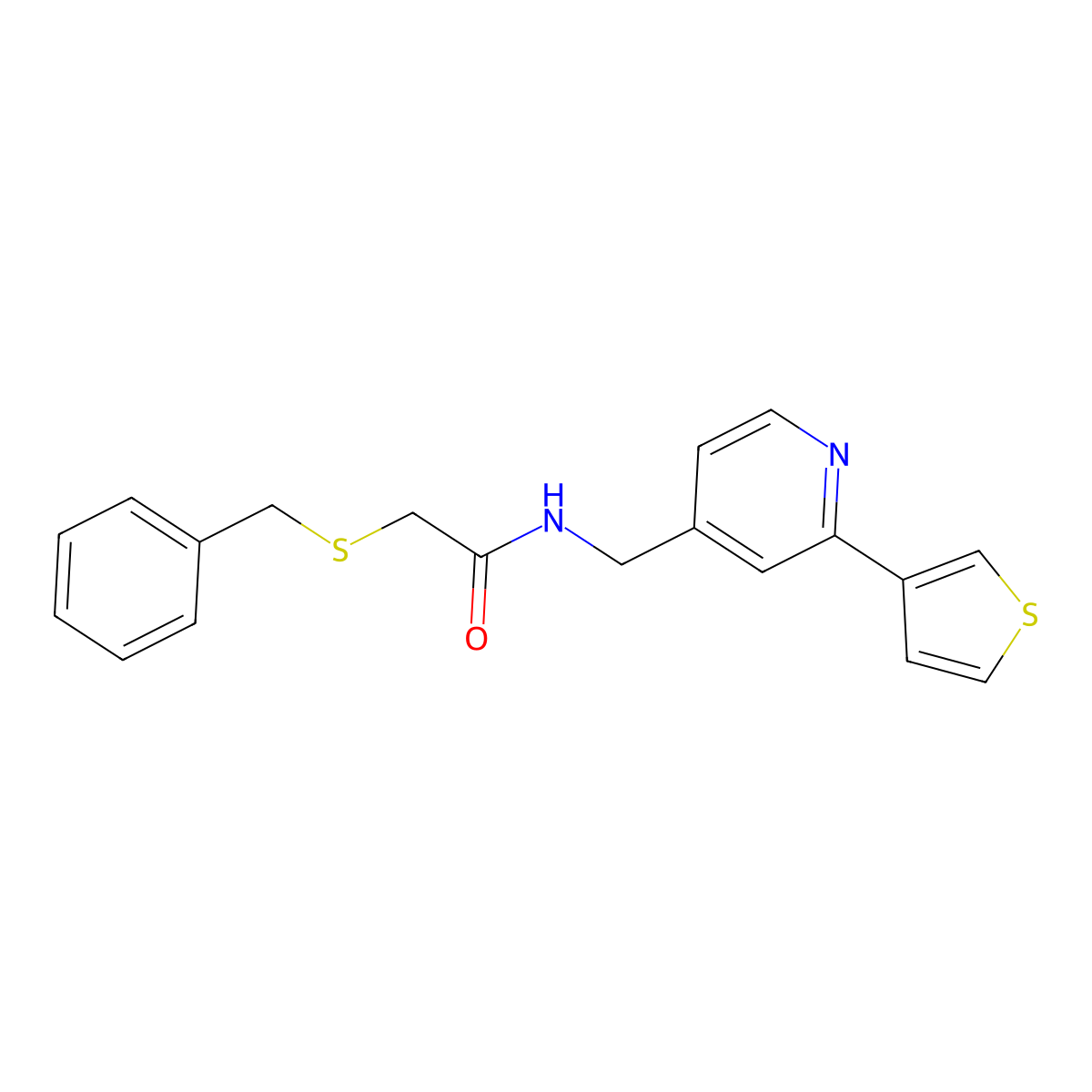 2-(benzylthio)-N-((2-(thiophen-3-yl)pyridin-4-yl)methyl)acetamide molecular structure, CAS 2034448-30-9