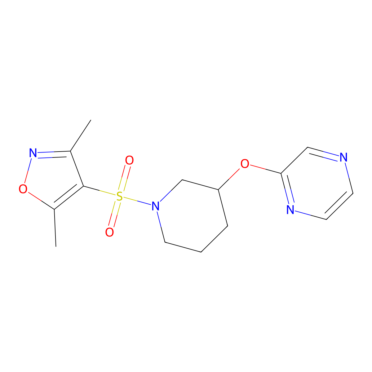 3,5-Dimethyl-4-((3-(pyrazin-2-yloxy)piperidin-1-yl)sulfonyl)isoxazole molecular structure, CAS 2034448-43-4