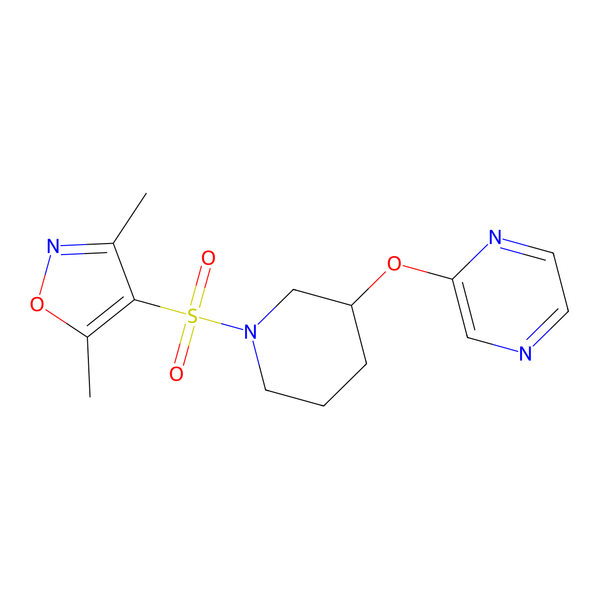 3,5-Dimethyl-4-((3-(pyrazin-2-yloxy)piperidin-1-yl)sulfonyl)isoxazole molecular structure, CAS 2034448-43-4