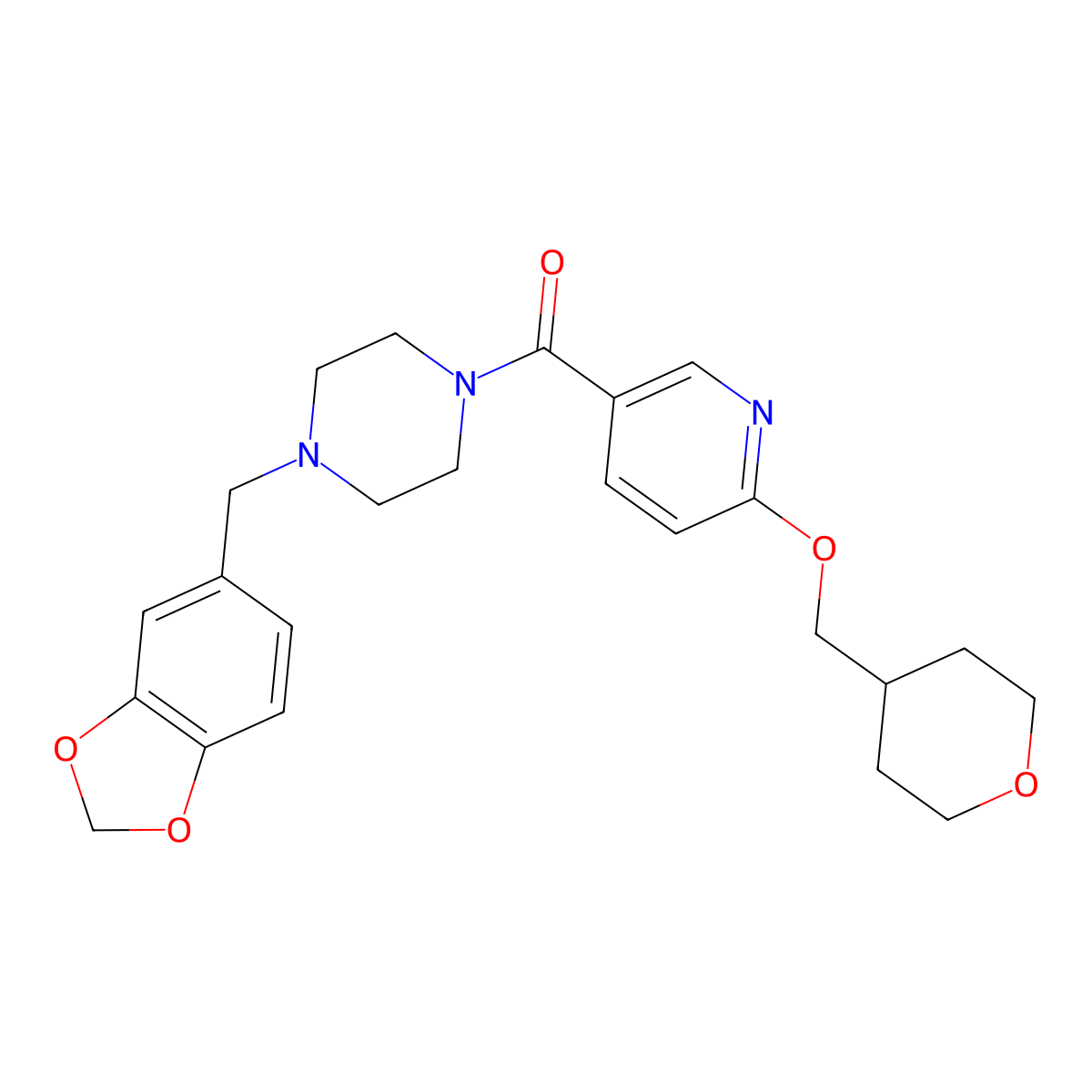 (4-(benzo[d][1,3]dioxol-5-ylmethyl)piperazin-1-yl)(6-((tetrahydro-2H-pyran-4-yl)methoxy)pyridin-3-yl)methanone molecular structure, CAS 2034448-47-8