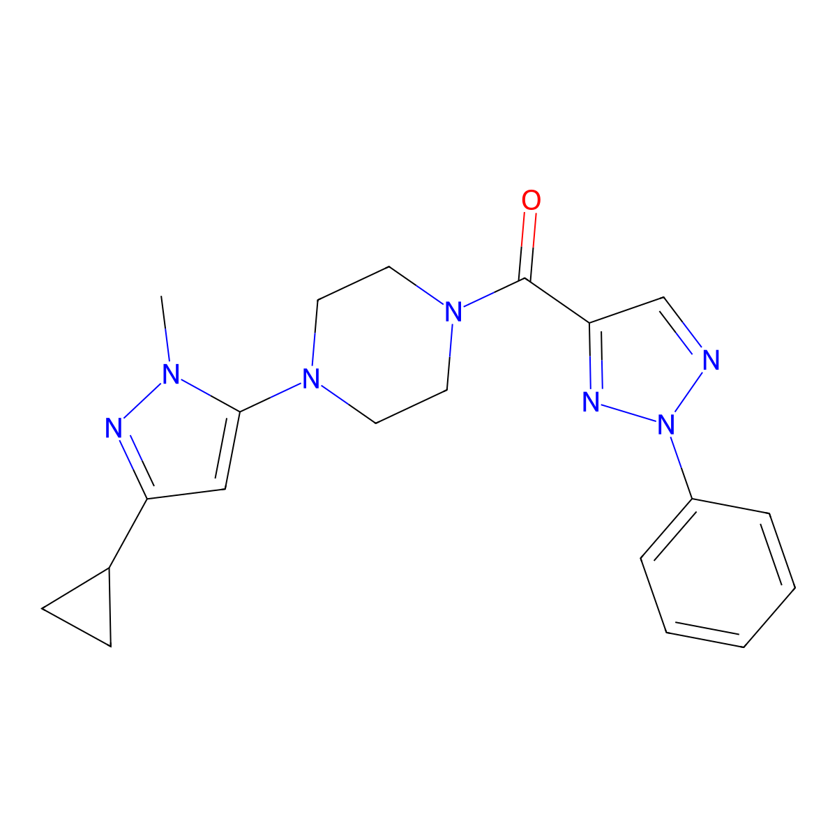 (4-(3-cyclopropyl-1-methyl-1H-pyrazol-5-yl)piperazin-1-yl)(2-phenyl-2H-1,2,3-triazol-4-yl)methanone molecular structure, CAS 2034448-49-0